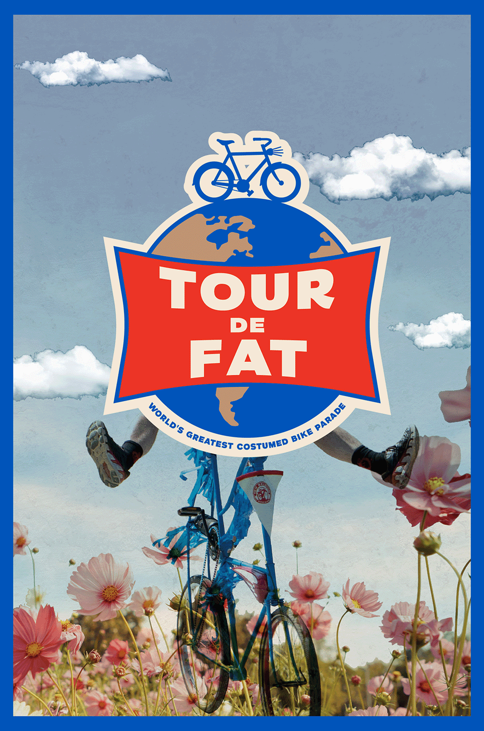 Field of flowers with person riding bike with legs kicked out, with the Tour de Fat 2023 logo overlaid on top of the person on the bike.