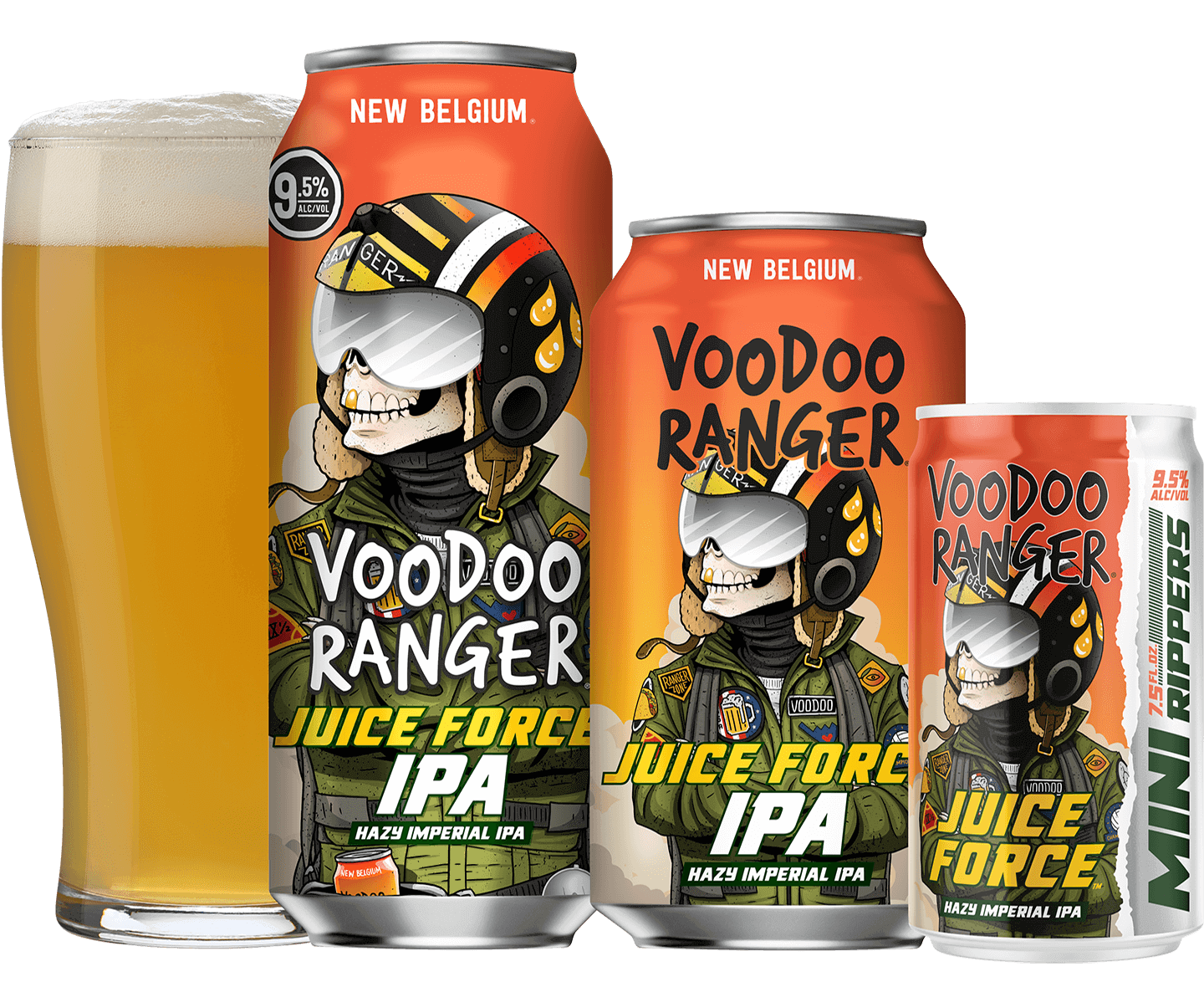 Juice Force family, featuring a full pint glass, 19.2oz can, 12oz can, and 7.5oz Mini Ripper can