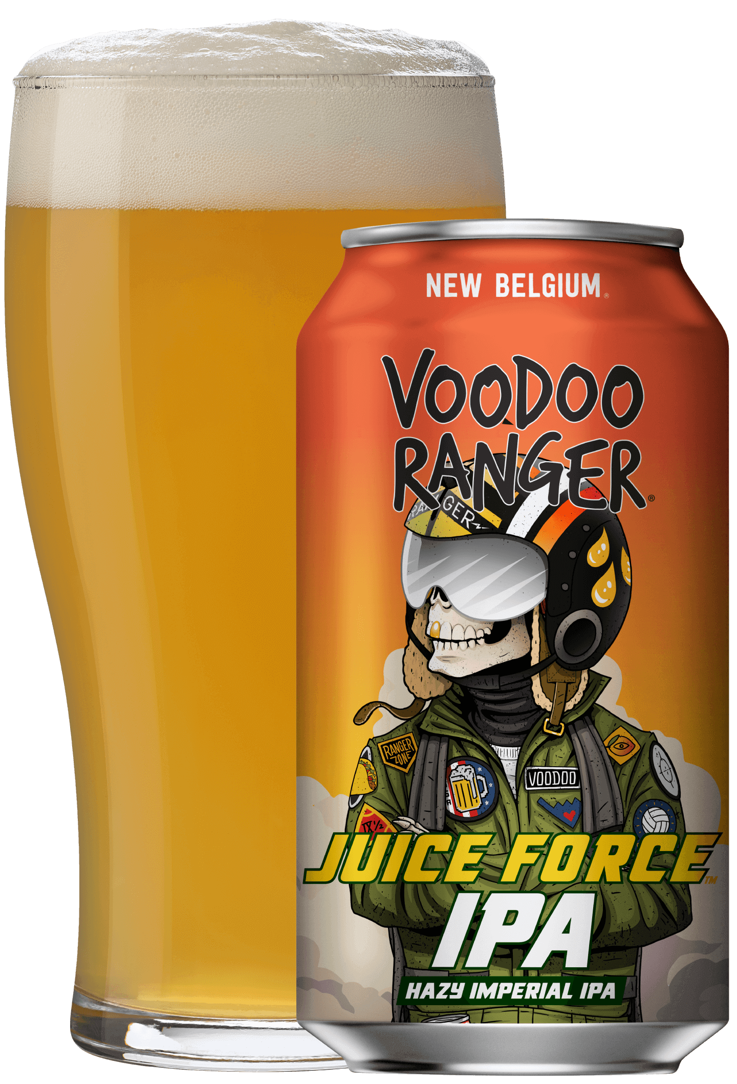 Voodoo Ranger Juice Force beer can and glass filled with beer