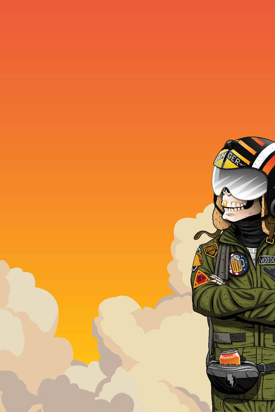 Voodoo Ranger Juice Force character on an orange background with white clouds