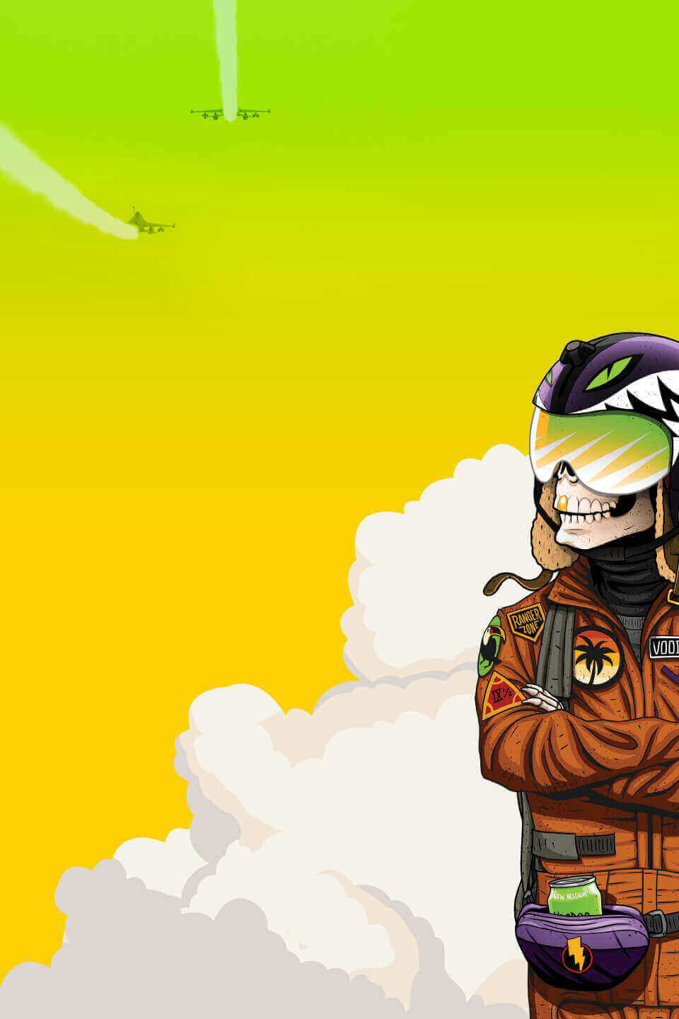 Voodoo Ranger tropic force character on top of a bright yellow and green background with clouds and four airplanes flying above