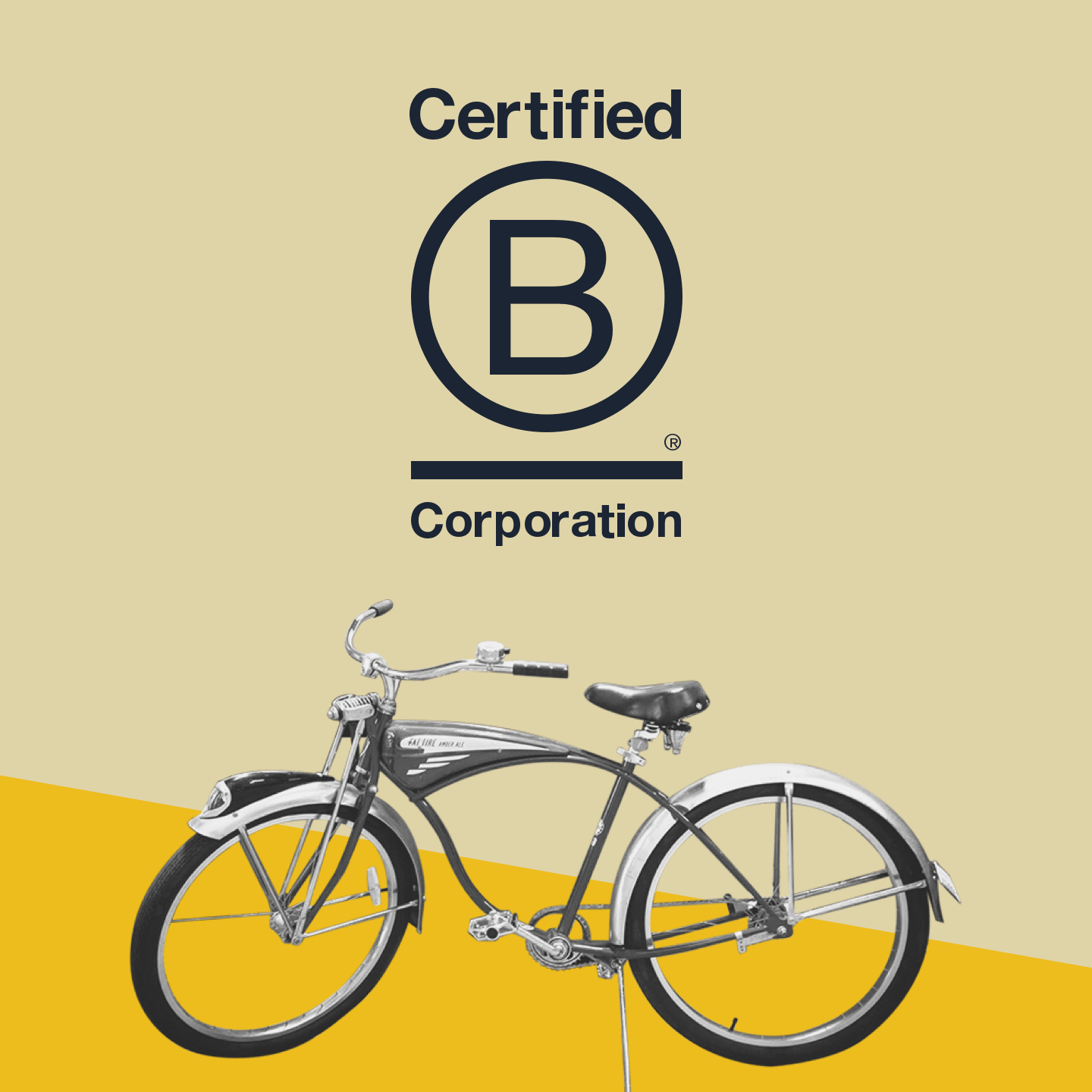 Certified B Corporation logo and a New Belgium cruiser bike. 