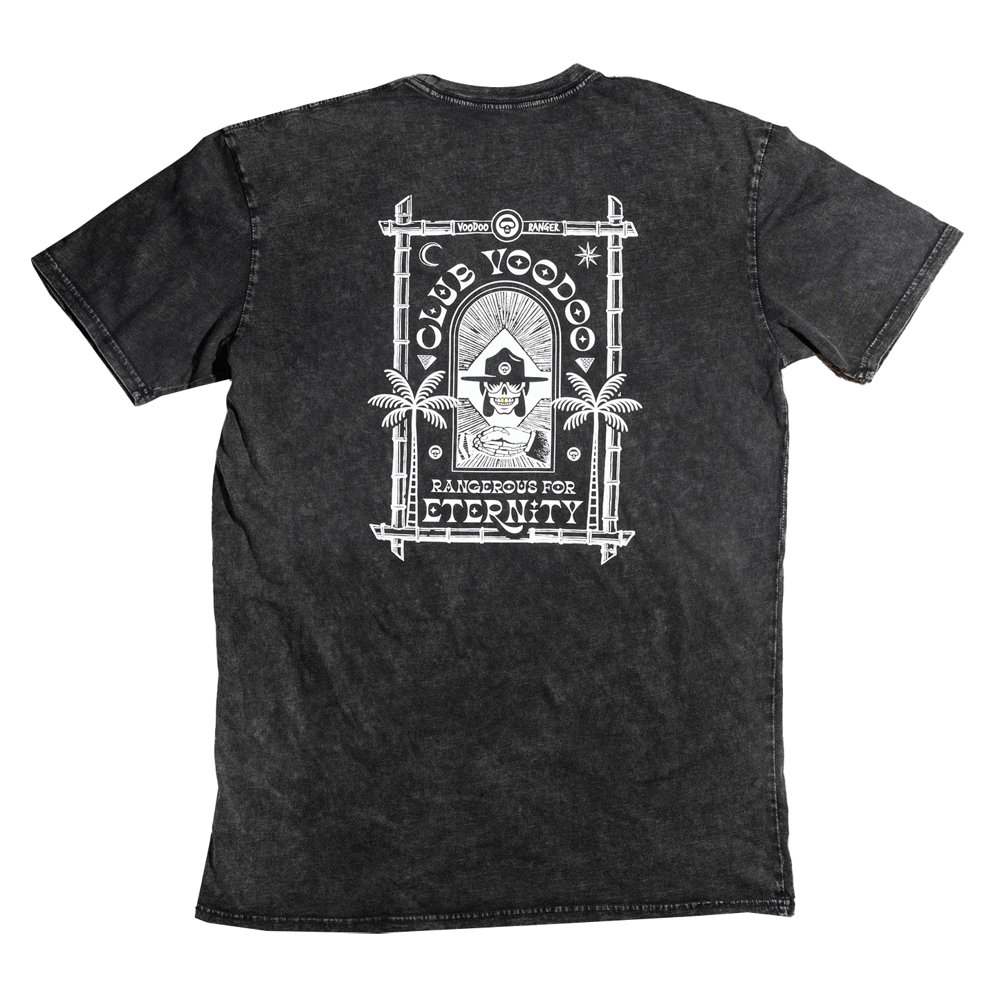 Stoned washed black t-shirt back view with the club voodoo logo that reads " Club Voodoo Rangerous for Eternity" 