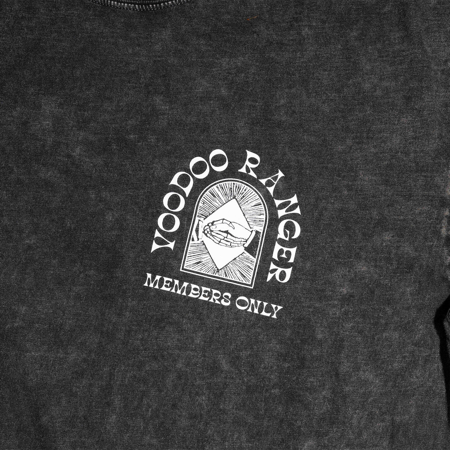 Close up of the logo on the front of the t-shirt that reads "Voodoo Ranger Members Only"