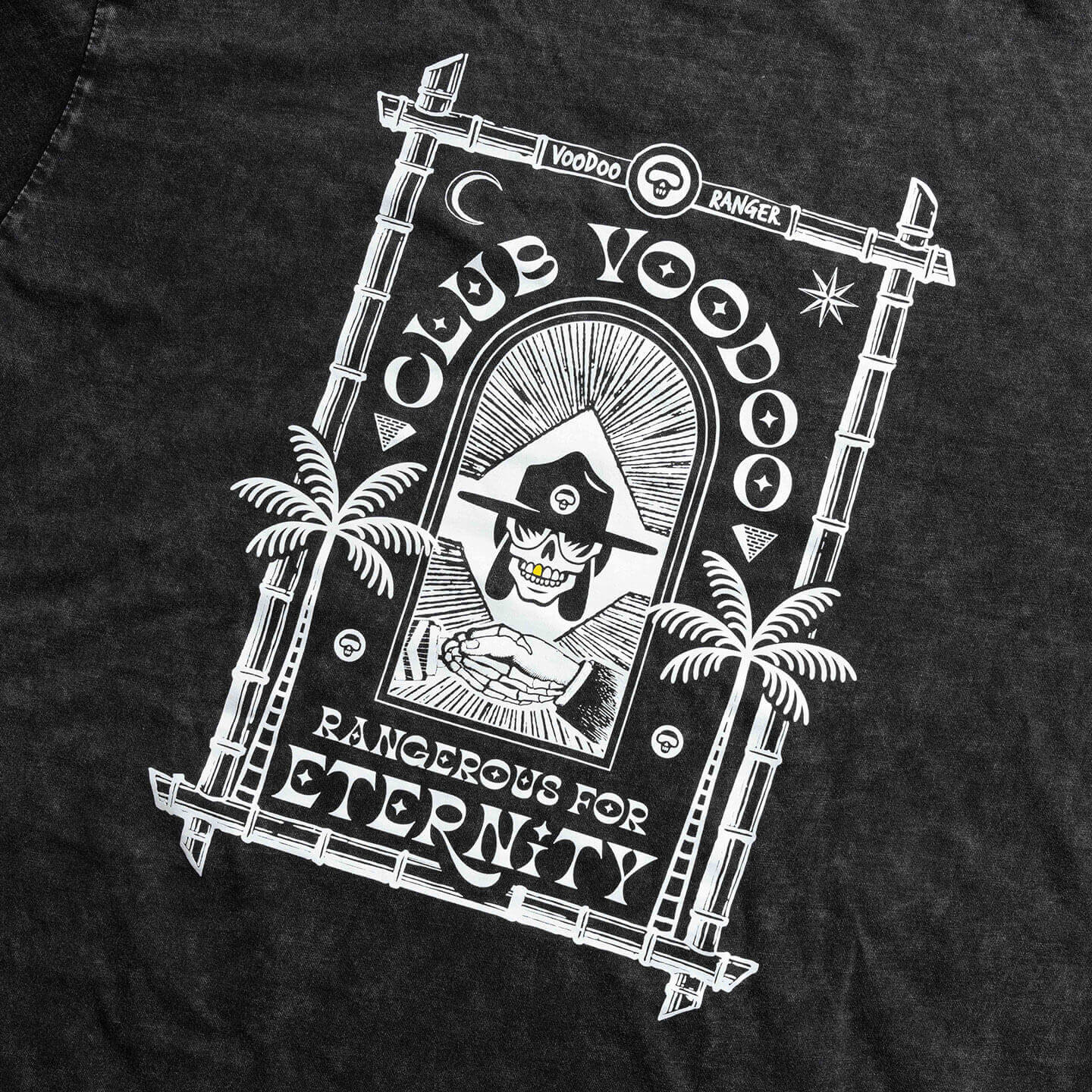 Close up of the logo on the back of the t-shirt that reads " Club Voodoo Rangerous for Eternity" 