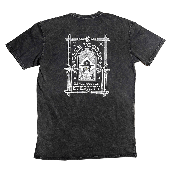Stoned washed black t-shirt back view with the club voodoo logo that reads " Club Voodoo Rangerous for Eternity"