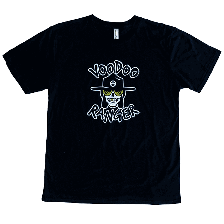 Front of black t-shirt. Voodoo Ranger character is in the center of the shirt with the word "Voodoo" above the character and the word "Ranger" below the character. The letters are outlined in white and filled black.