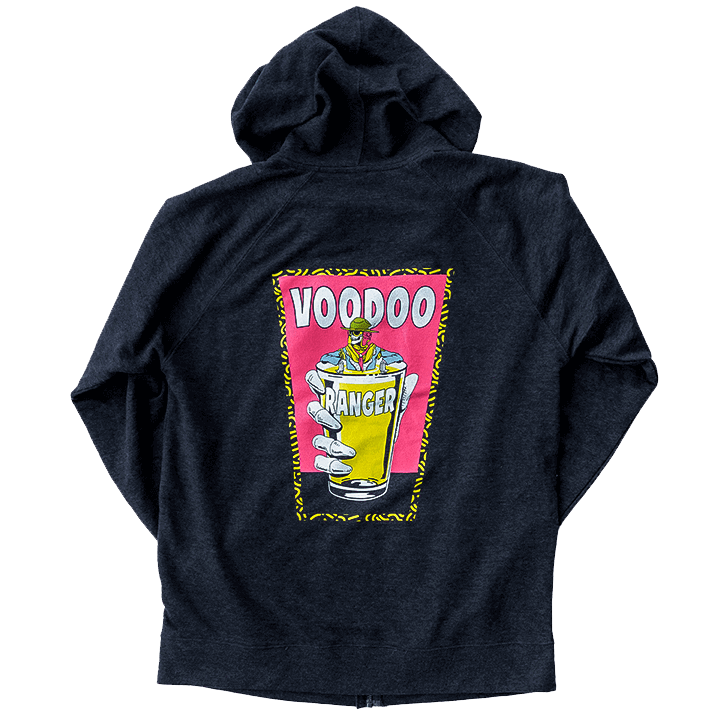 Back of heathered grey, cotton poly blend hoodie.