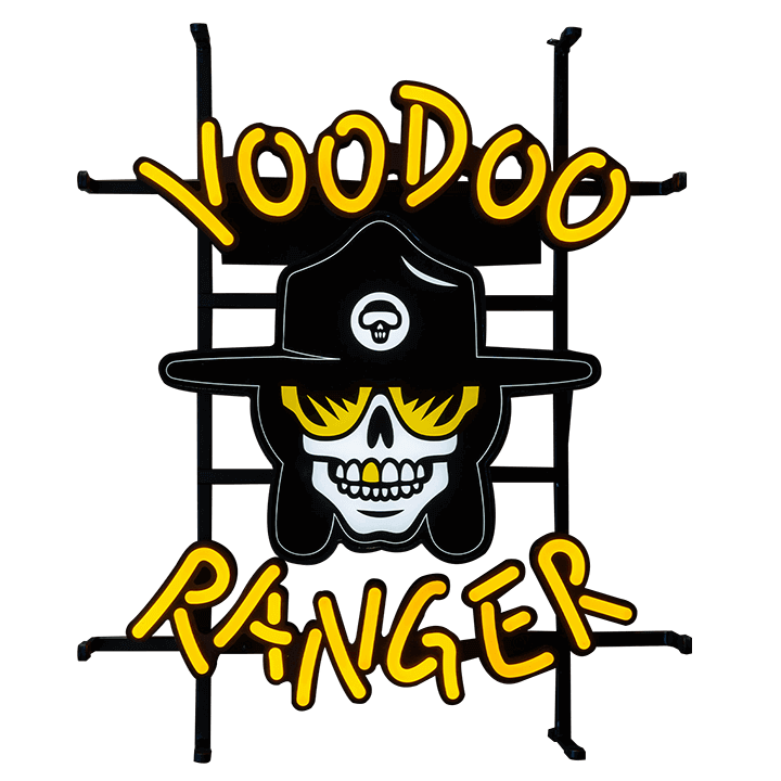 LED sign that features the Voodoo Ranger character head with yellow glasses and a yellow tooth and the words "Voodoo Ranger"