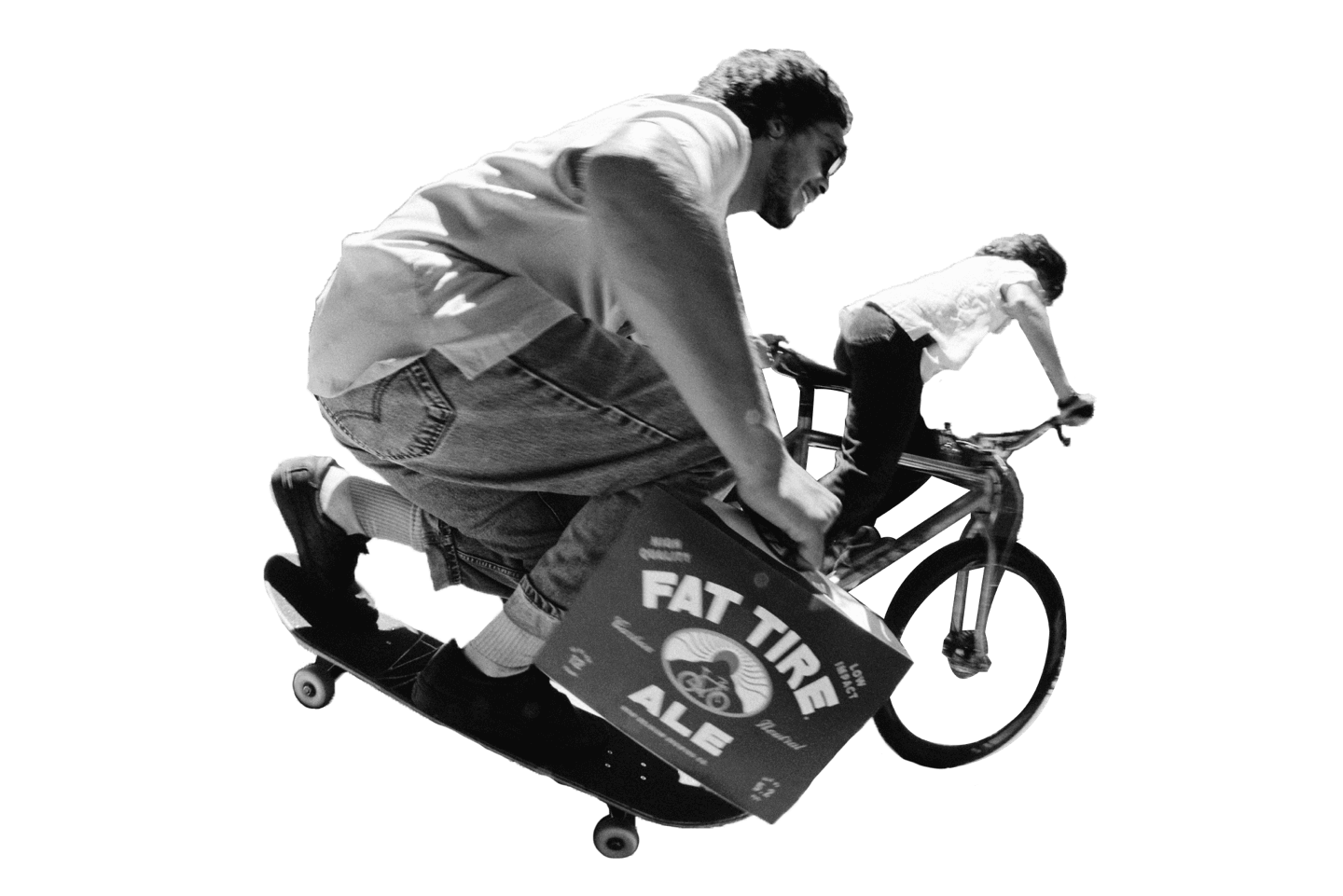 Person riding a skateboard holding a case of Fat Tire Ale next to a person riding a bike.